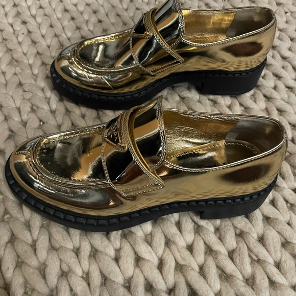 PRADA Triangular Logo Metallic Gold Leather Chocolate Loafers size 39 - Picture 2 of 16